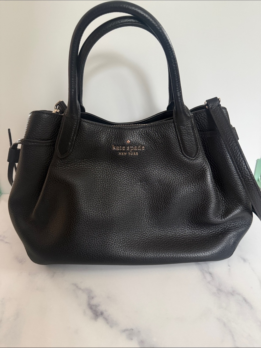 kate spade Black Pebbled Leather Satchel with Gold Logo